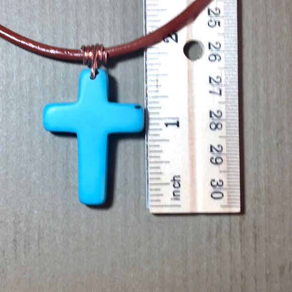 16” Turquoise Howlite Cross Leather  Necklace - Picture 5 of 6